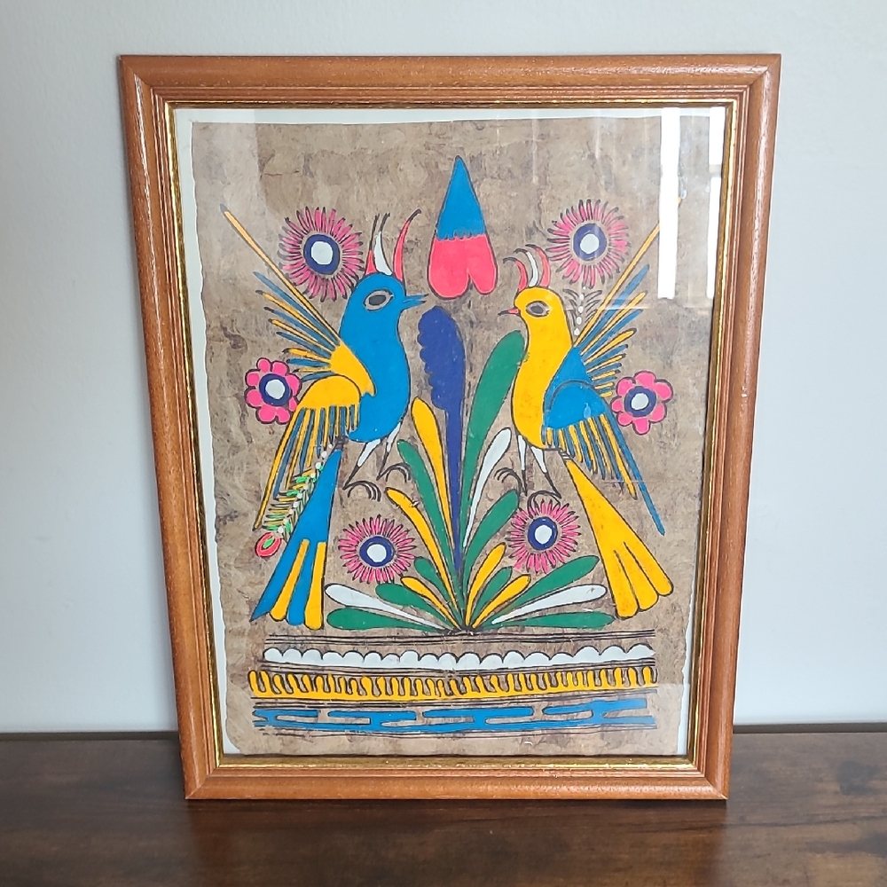 Colorful Bird Art in Wooden Frame